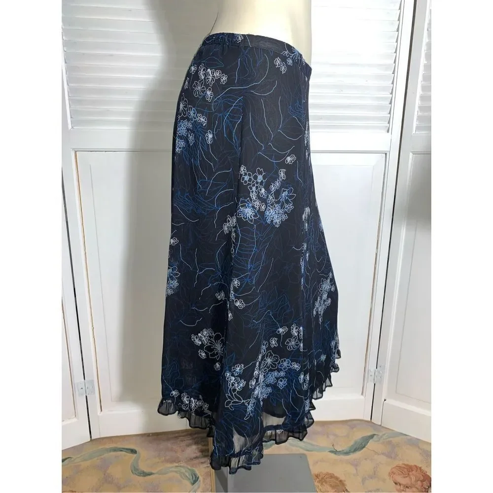 Vintage,‎ dark floral, double layered, sheer chiffon, midi skirt, size 12 ￼